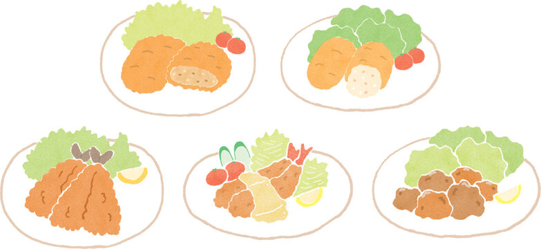 手描き風の揚げ物料理のイラストセット