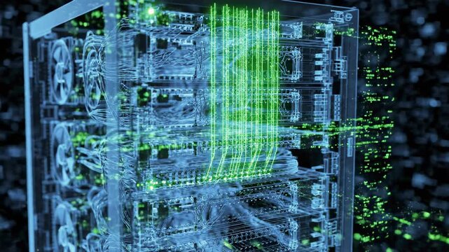 Digital Powerhouse: Inside a cutting-edge server rack, where data streams pulse with vibrant energy, highlighting the power of modern technology.