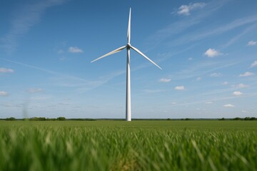 Wind turbine standing tall in green field under blue sky with scattered clouds, representing clean energy and sustainable technology concept. Ai generative