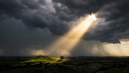 Hope shines through stormy clouds, illuminating a solitary tree in a dramatic landscape.