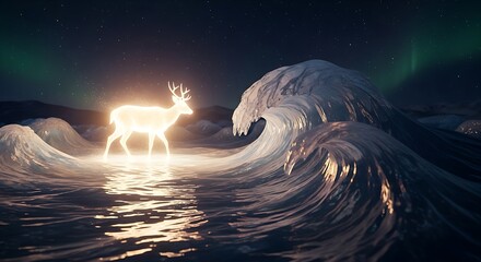 Magical glowing deer standing on surreal ocean waves at night.