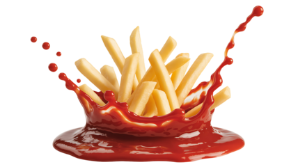 French fries with ketchup splash isolated on white background
