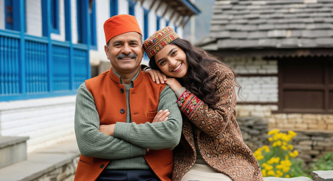 Happy Indian Father Daughter in Traditional Himachali Attire