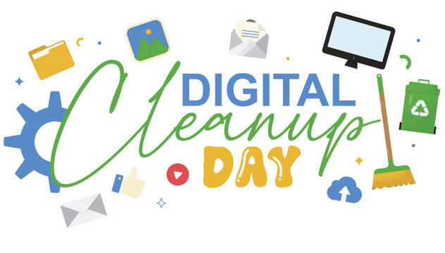 digital cleanup day title with eco friendly icons, recycling bin, broom and computer symbols for environmental awareness campaigns and web communication. Isolated. Cleanup data. Vector illustration
