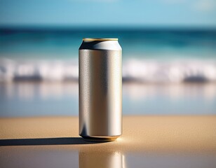 A shiny stainless steel thermos and a clear glass of water filled with a refreshing liquid beverage sit as isolated silver objects on a white sandy beach