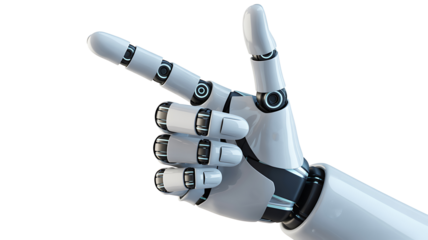 Robotic hand making peace sign isolated on white background
