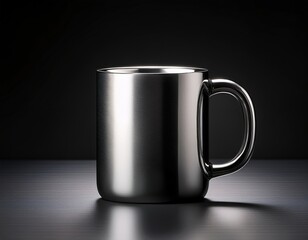 An empty black ceramic coffee mug with a handle stands isolated on a dark background as a blank porcelain object for a hot beverage in a cafe or kitchen