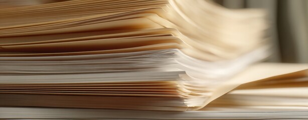 The Stack of Paper and File Folders in a Soft Focus Closeup