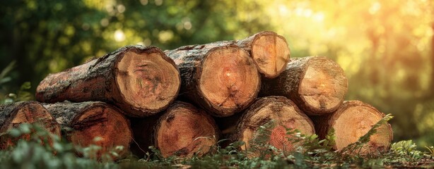 The Logs Sunlit Stack of Freshly Cut Timber in a Peaceful Forest Clearing