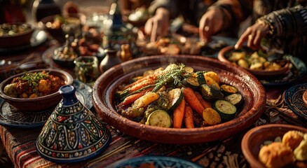 Fototapeta premium Colorful Moroccan-style dish featuring vibrant vegetables like carrots and zucchini, served in traditional pottery, surrounded by an inviting dining atmosphere with rich textures and warm lighting