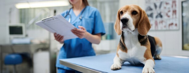The Beagle on a Veterinary Exam Table During a Routine Checkup with Technician Nearby