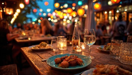Naklejka premium Evening dining scene with colorful lanterns illuminating a rustic wooden table, featuring gourmet dishes and glasses, creating a vibrant atmosphere for social gatherings and culinary experiences