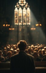 Obraz premium Individual standing before a captivated audience in a grand hall, illuminated by sunlight streaming through stained glass windows, creating a dramatic and inspiring atmosphere