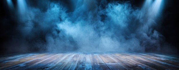 The Stage Illuminated by Blue Spotlights and Misty Smoke over Wooden Floorboards