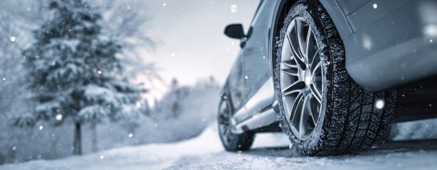The Car Tire on a Snowy Road at Dusk with Falling Snowflakes