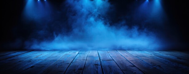 The Stage Illuminated by Blue Spotlights and Fog Over a Wooden Floor