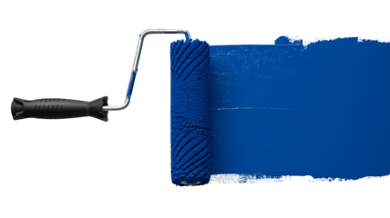 Paint roller with blue paint stroke isolated on white background
