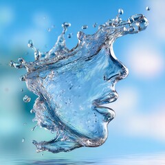 Water splash forming human face in motion with blue background