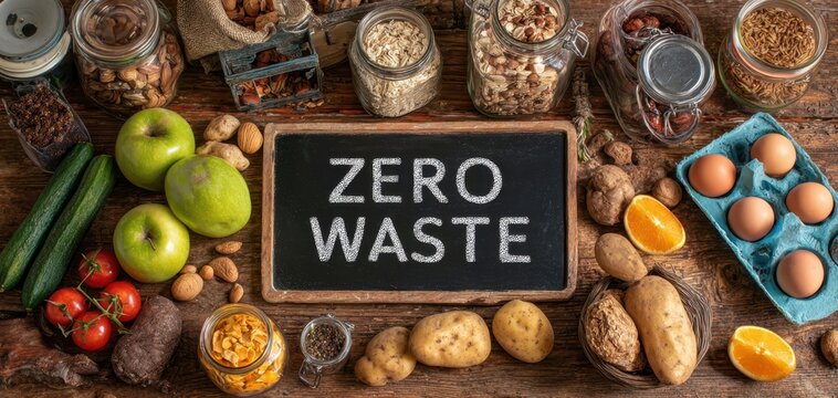The Zero Waste Chalkboard Surrounded by Fresh Produce and Bulk Pantry Essentials on Wood - Powered by Adobe