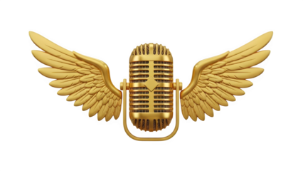Golden vintage microphone with wings isolated, representing luxury audio, podcast, and broadcast success logo isolated PNG with Transparent Background