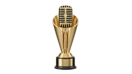 Gold microphone trophy award for singing competition, podcasting, or broadcasting success isolated PNG with Transparent Background