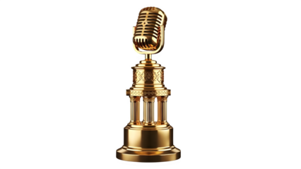 Golden music award trophy shaped like a vintage microphone for competition winner recognition isolated PNG with Transparent Background