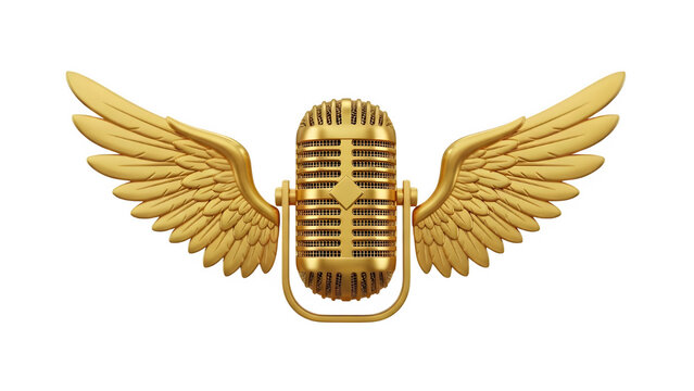 Golden vintage microphone with wings isolated, representing luxury audio, podcast, and broadcast success logo isolated PNG with Transparent Background