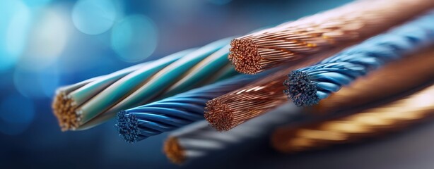 The Copper Electrical Cables Close-Up Showing Stranded Conductors and Colorful Bokeh Background