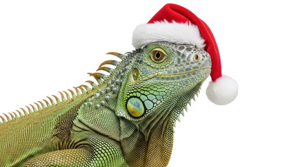 Close-up of a Green Iguana wearing a red Santa hat for Christmas isolated PNG with Transparent Background