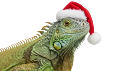 Close-up of a Green Iguana wearing a red Santa hat for Christmas isolated PNG with Transparent Background