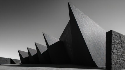 A bold cultural landmark contrasts bright angular aluminum fins with dark stone walls forming powerful visual rhythm Shadows