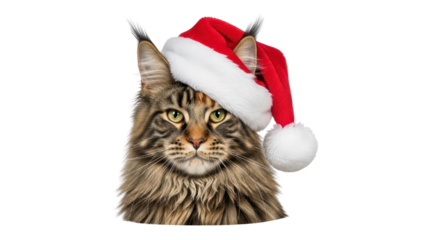 Cute Maine Coon Cat Headshot Wearing Red Santa Hat for Christmas Holiday isolated PNG with Transparent Background