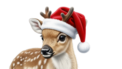 Cute Christmas Fawn Baby Deer Wearing Red Santa Hat Illustration isolated PNG with Transparent Background