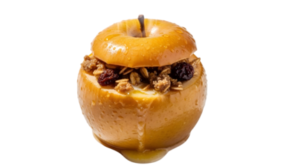 whole baked apple with raisin and granola topping served on transparent background, glazed fruit dessert with spices and sweet filling, perfect for autumn and winter season