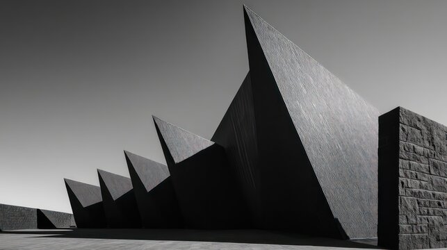 A bold cultural landmark contrasts bright angular aluminum fins with dark stone walls forming powerful visual rhythm Shadows