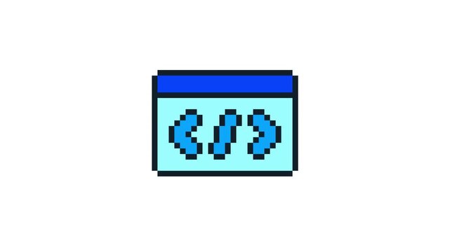 8-bit pixel art blue coding icon on broswer. looped animation 4k 30fps