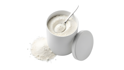 A white container filled with white powder, possibly milk powder, with a metal spoon inside and a small pile of powder spilled next to it, against a checkered background