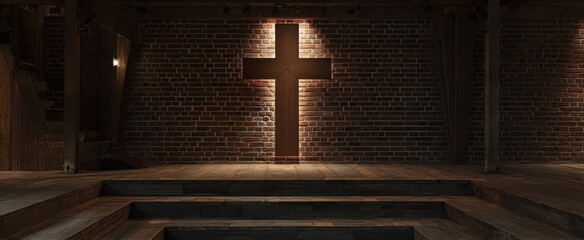 The Cross Illuminated Against Exposed Brick Wall in Rustic Wooden Chapel Interior