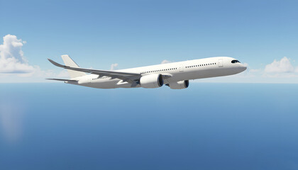 White Airplane Airbus A350 Modern Passenger Jet Plane Flying Above the Blue Sea with Blue Sky in the Background side view