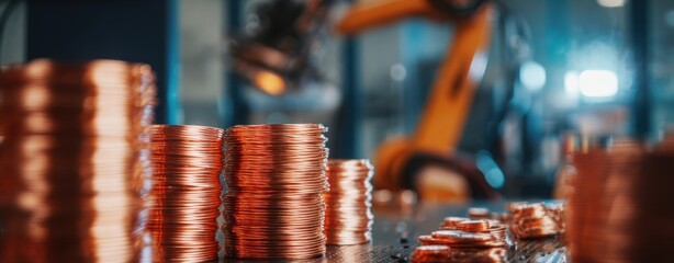 The copper coils stacked in a modern factory with industrial robot in background