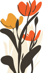 Modern minimalist floral illustration with bold orange and yellow blooms, dark stems, and soft beige leaves&mdash;clean, trendy botanical art for branding, prints, posters
