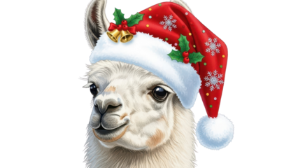 Cute Christmas Llama Wearing Santa Hat with Holly and Bells Isolated Illustration isolated PNG with Transparent Background