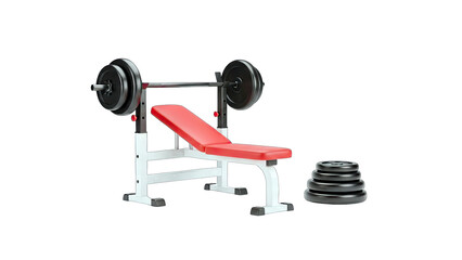 Weight Bench with Barbell and Weights on White Background