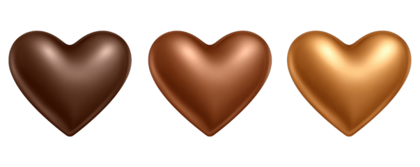 Three golden, brown, and chocolate hearts arranged side by side on a clean white background