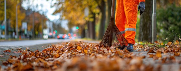 The street worker raking autumn leaves along a tree lined urban sidewalk