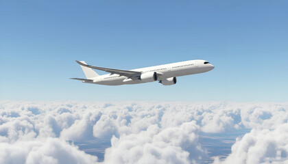 White Airplane Airbus A350 Modern Passenger Jet Plane Flying Above the Clouds with Blue Sky side view