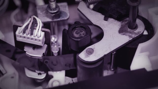 Vcr mechanism macro video shot, showing vintage electronics, while inserting a VHS tape and playing. Detailed view of a classic vcr's electromechanical components and circuitry