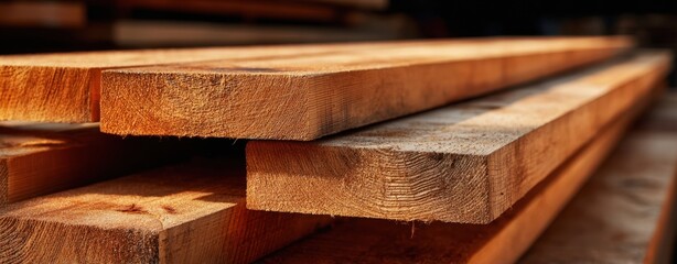 The Wooden Planks Stacked in a Workshop Bathed in Warm Natural Light