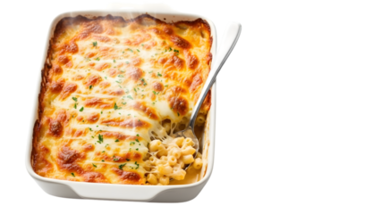 classic macaroni and cheese casserole with golden brown crust and melted gooey cheese being served with spoon isolated on transparent background