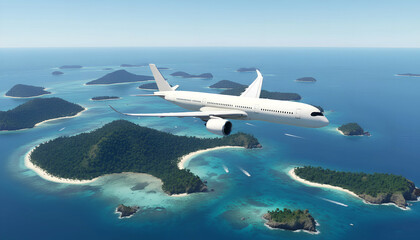 White Airplane Airbus A350 Modern Passenger Jet Plane Flying Above the Beautiful Islands and the Blue Sea side view high angle